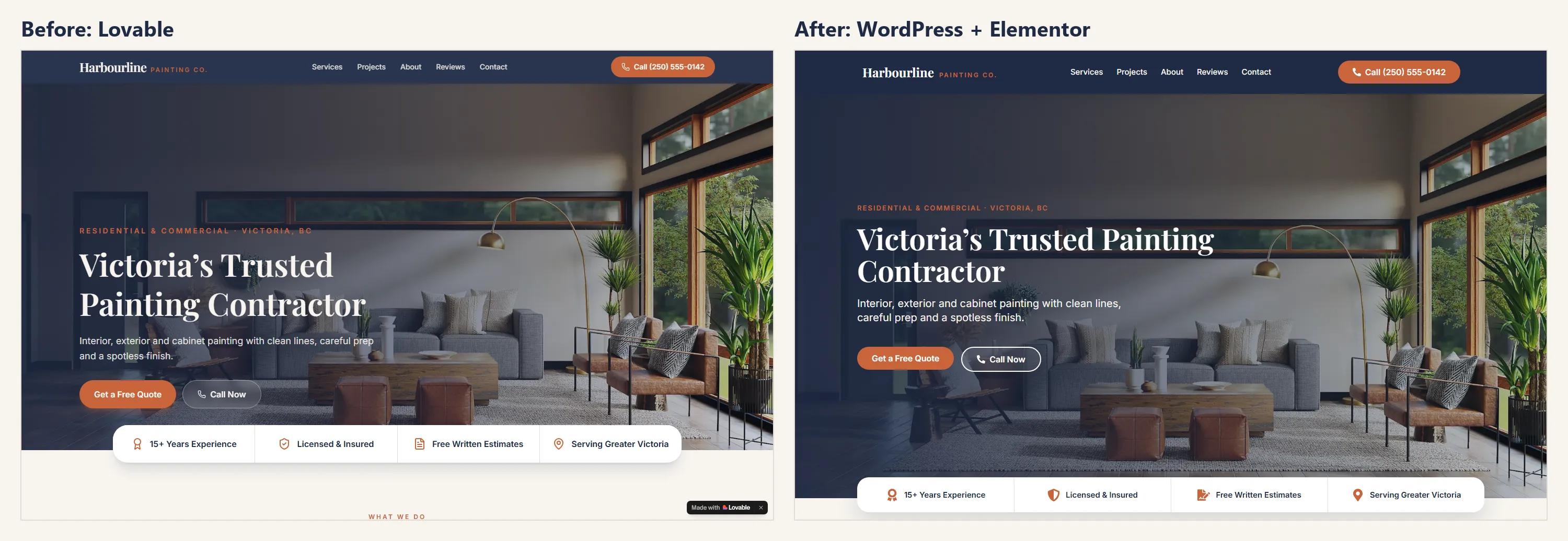 The Lovable version and the WordPress and Elementor version of the homepage, side by side