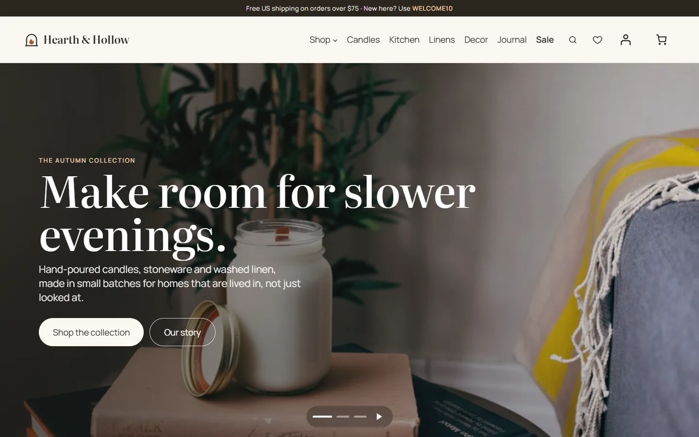 Home page of the Hearth & Hollow concept store, with a candle on a stack of books and the headline Make room for slower evenings
