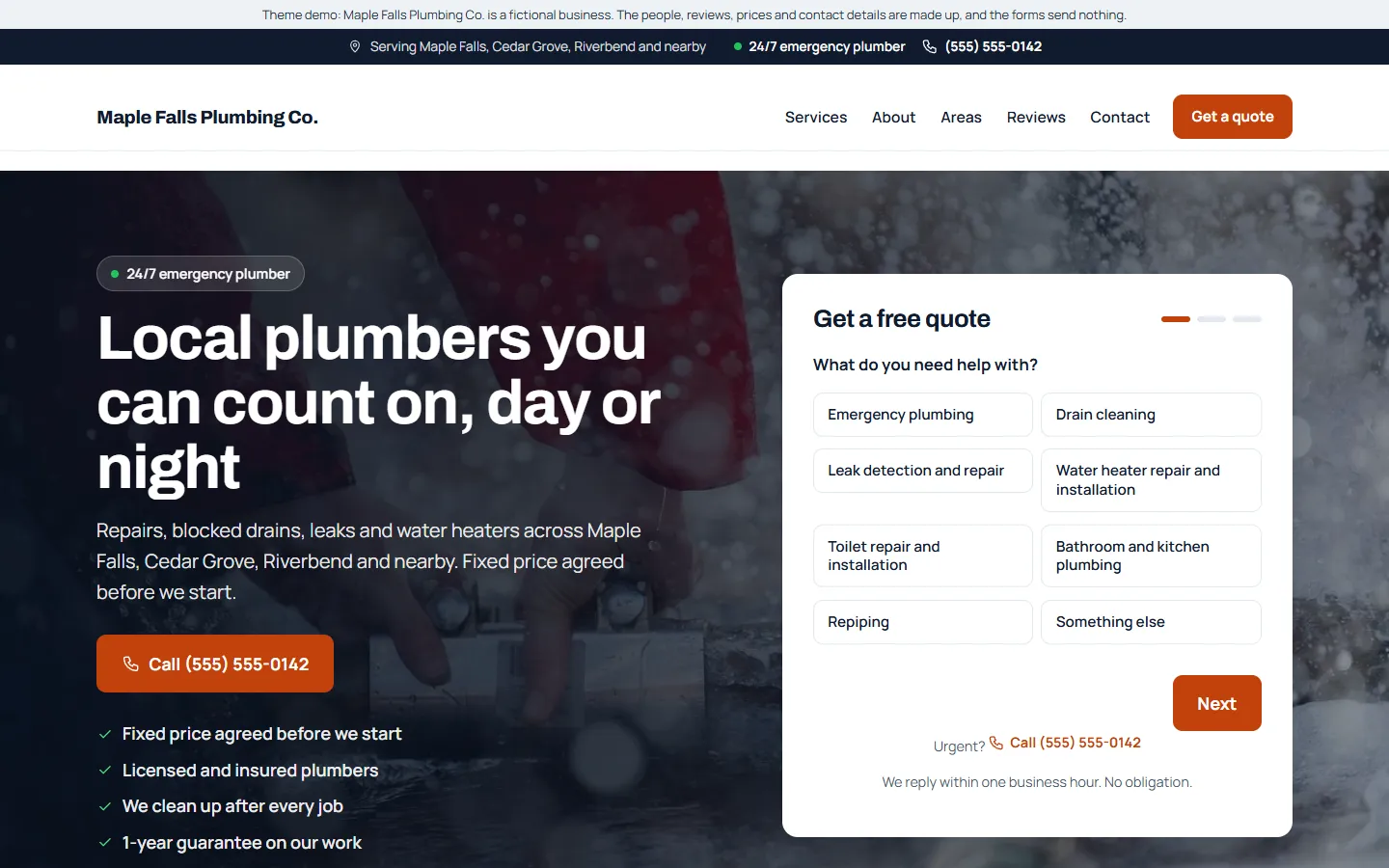 Home page of the Mainstay plumbing demo, with a call button, trust points and a three-step quote form
